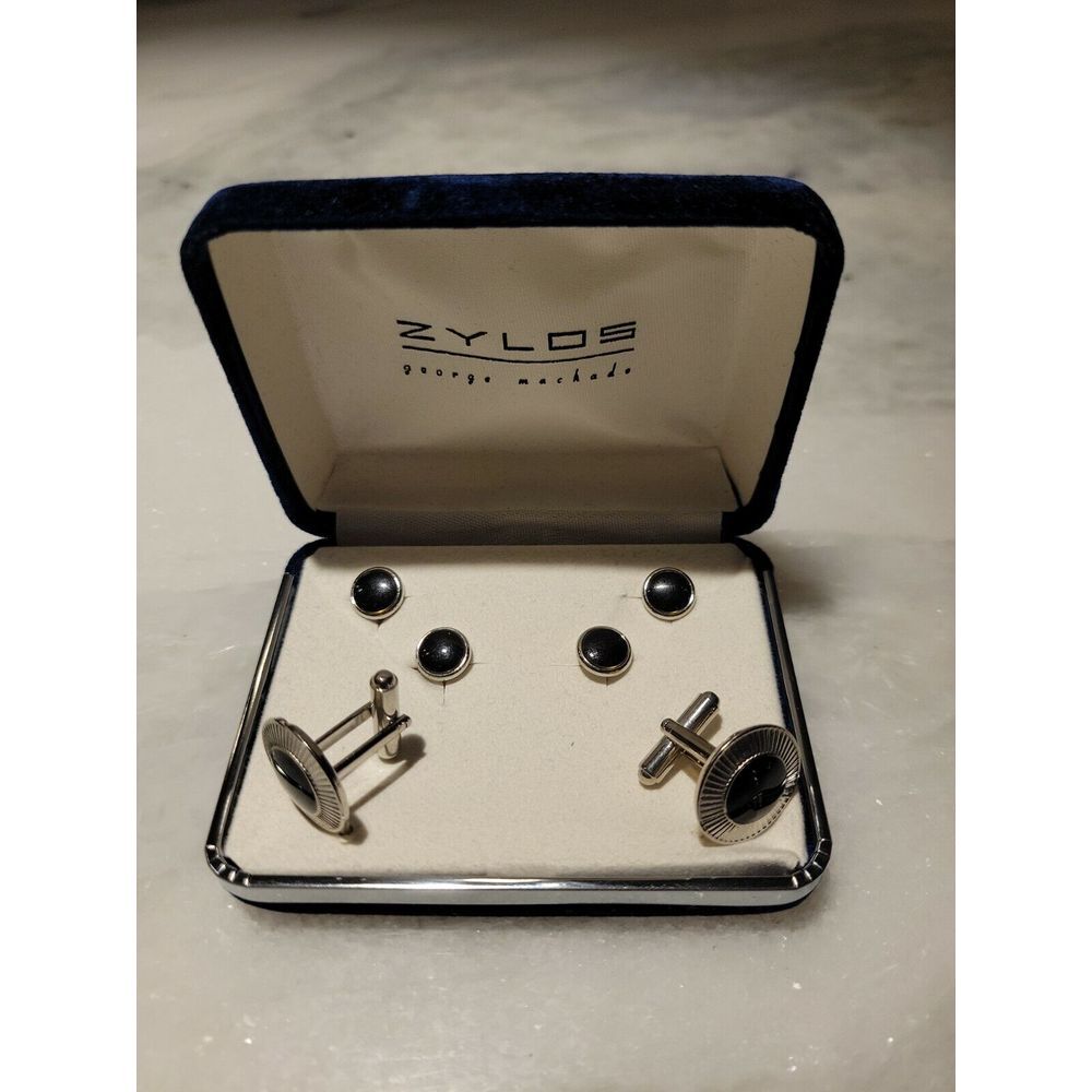 VINTAGE ZYLOS GEORGE MACHADO SILVER TONE & ONYX CUFF‎ LINKS SET